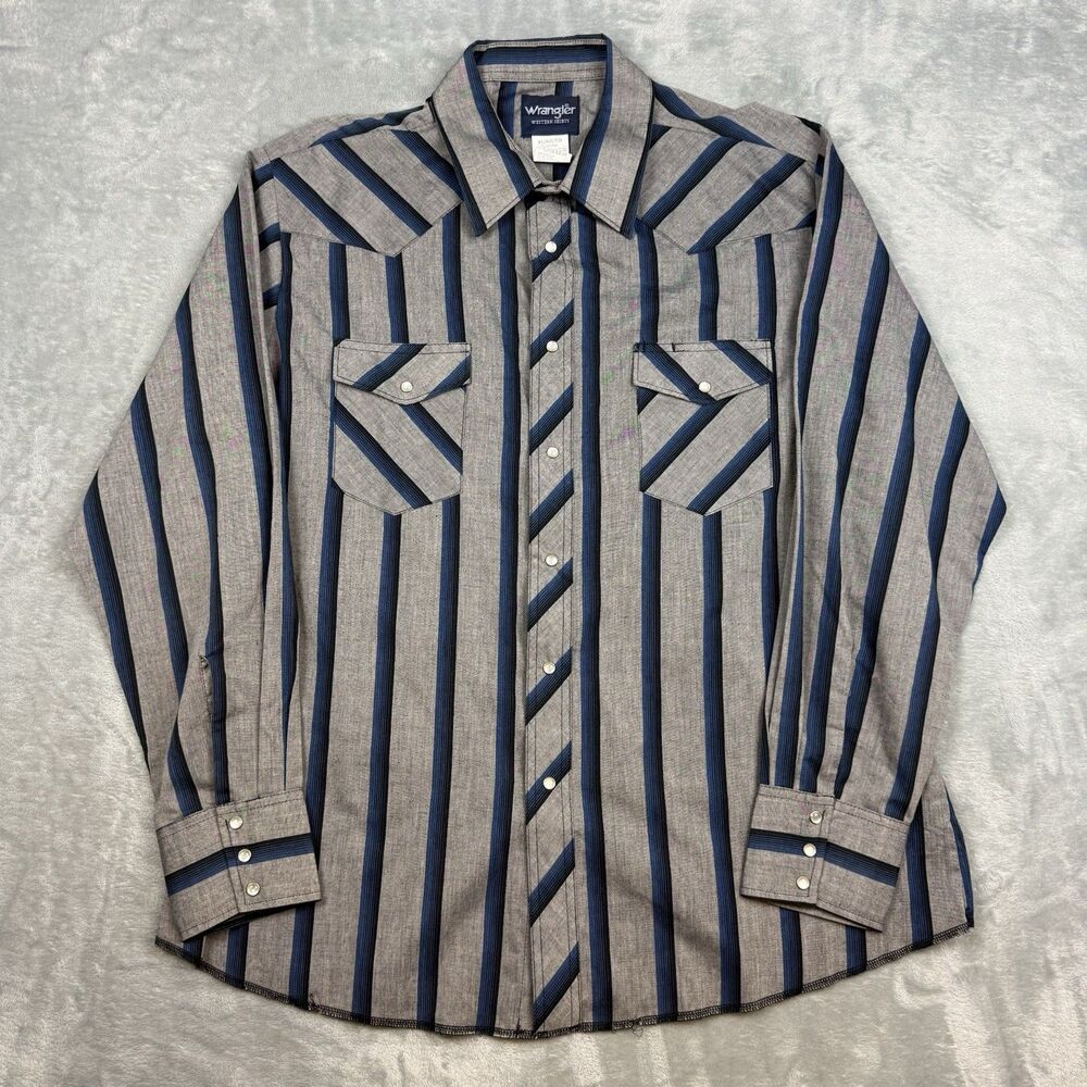 Wrangler Western Shirt Mens XL Gray Blue Striped Pearl Snap Long Sleeve Cowboy